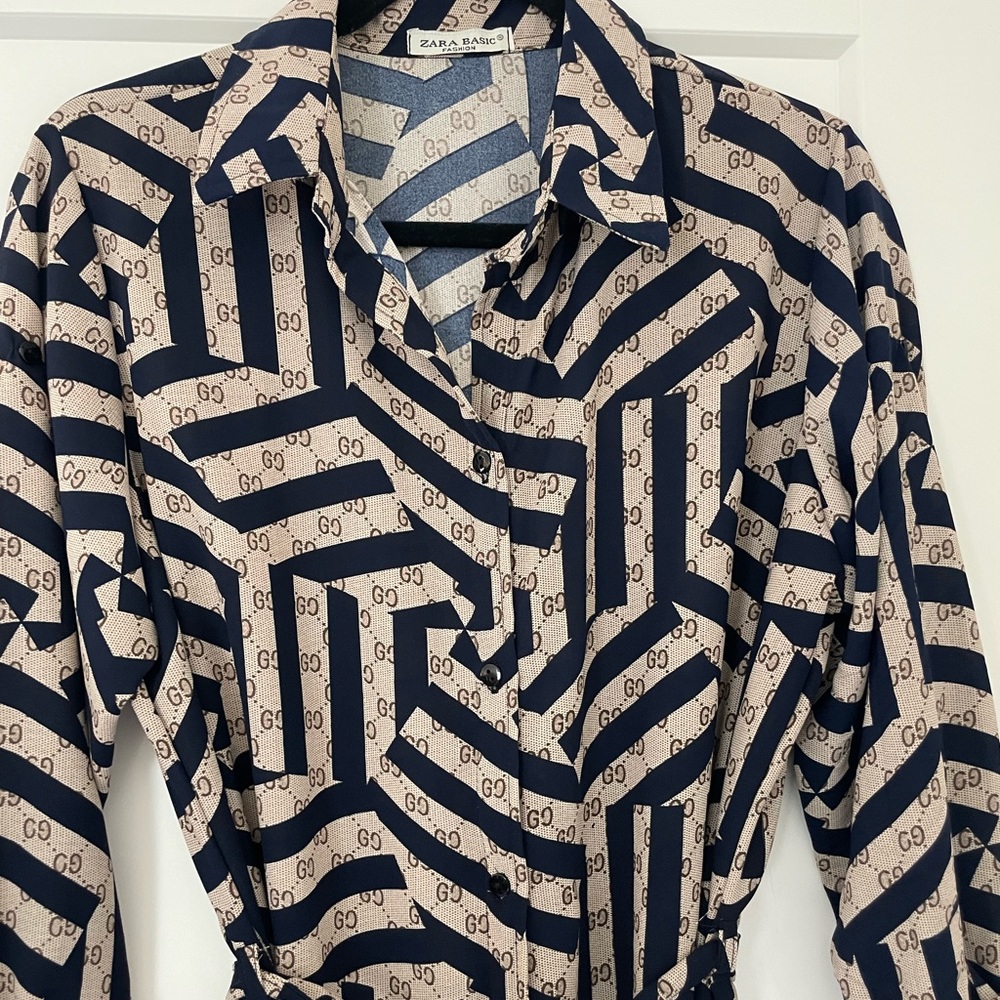 Zara Navy and Beige Patterned Dress